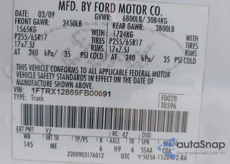 2009 Ford F-150 Stx/Xl/Xlt из США, поврежденный, VIN 1FTRX12869FB00691